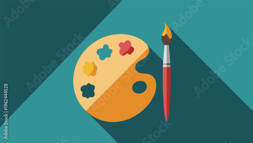 Flat vector illustration of an art palette with color dabs and a paintbrush on a split-tone blue-green background.