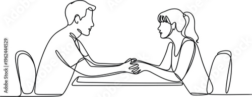 Continuous one line drawing of romantic couple holding hands, sitting at table on a date vector