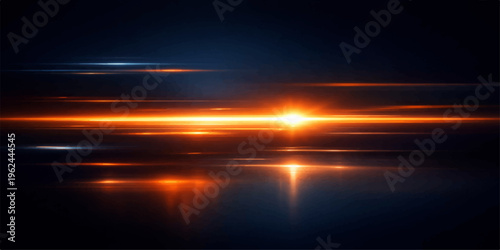 A beautiful dusk landscape features an orange and red sky with fiery clouds reflecting over the calm blue sea during a breathtaking sunset