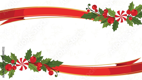 Festive Christmas border with red ribbons, green holly leaves, berries, and peppermint candy on a light background.