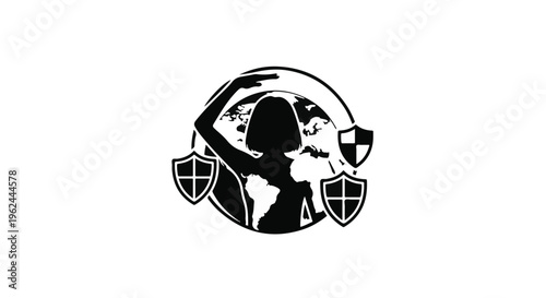 Black silhouette of a woman protecting the Earth with shields