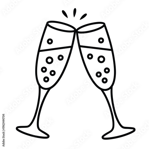 A charming black and white illustration depicts two champagne glasses clinking in a celebratory toast