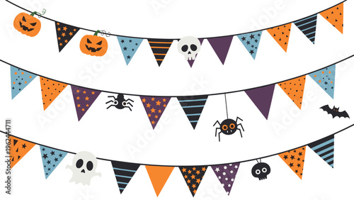 Festive Halloween bunting banners decorated with pumpkins, skulls, spiders, bats, ghosts, and colorful patterned flags.