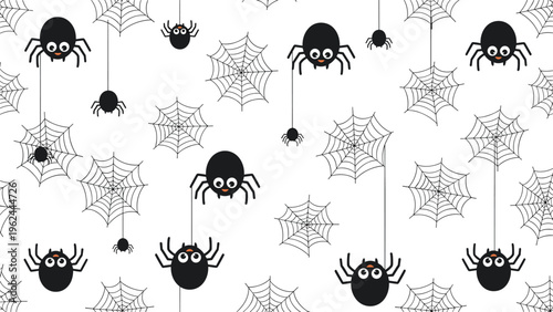 Playful and seamless Halloween pattern showing cute black spiders hanging from their webs on a plain white background.