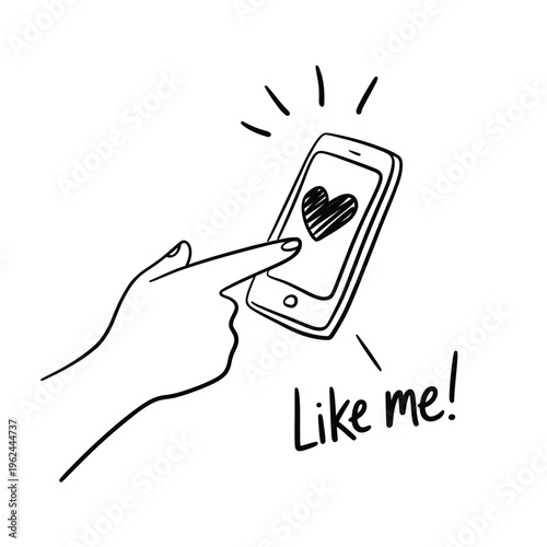 A hand touches a smartphone screen displaying a heart with a plea for likes nearby