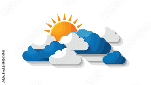 Bright yellow sun partially hidden behind a dense cluster of stylized blue and white clouds against a white background.