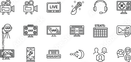 Various line art symbols illustrate broadcasting technology, media coverage, and fan interaction related to live sports events and television production.