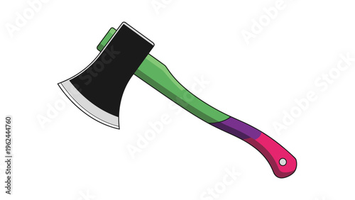 Detailed illustration of a functional hand axe or hatchet with a sharp black head and a colorful green and red handle.