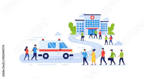 Modern Hospital and Ambulance with People Illustration: Essential Healthcare Access & Emergency Services