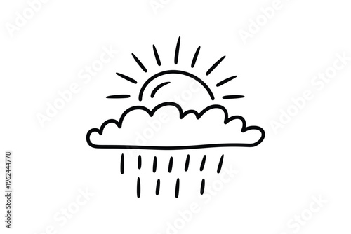 A simple black and white line drawing depicts a sun partially obscured by a cloud with falling rain