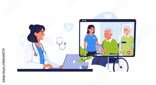 Virtual Doctor Consults Elderly Patients via Video Call and Nurse Assistance - Telemedicine for Senior Care