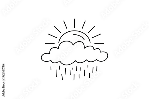 A simple line drawing depicts a sun partially obscured by clouds with falling raindrops below