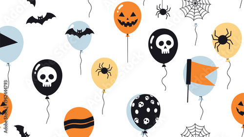 Seamless Halloween background pattern with orange, black, and blue balloons featuring skulls, pumpkins, spiders, and bats.