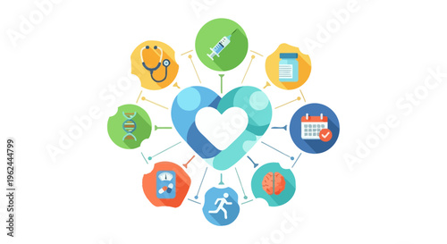 Integrated Health & Wellness Ecosystem: Medical Care, Prevention, Fitness, Mental Health, and Genetics Flat Icons