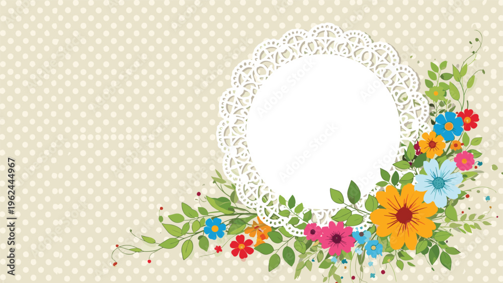 Fototapeta premium Delicate white lace doily frame surrounded by a vibrant arrangement of multicolored flowers on a polka dot background.