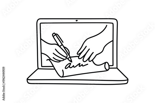 A line drawing depicts a laptop displaying hands signing a document symbolizing digital signatures high quality