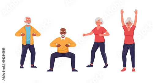 Diverse Senior Adults Exercising for Health and Active Lifestyle: Group Fitness, Well-being, and Vitality Illustration