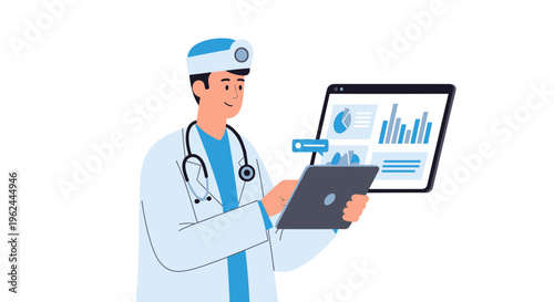 Doctor Analyzing Patient Medical Data on Digital Tablet. Healthcare Technology, Telemedicine, Electronic Health Records & Data Analytics Illustration.