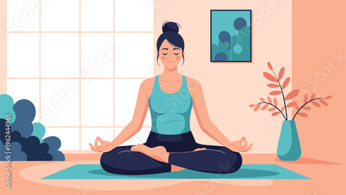 Peaceful woman sitting in a lotus pose meditating in a bright modern living room with a window and indoor plants.