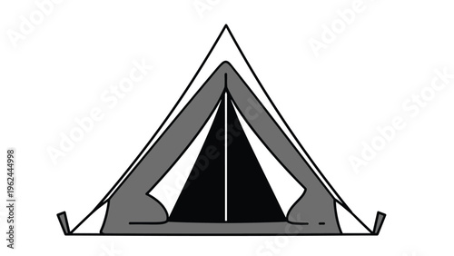 Minimalist black and white outline drawing of a classic A-frame camping tent with a dark grey entrance flap in the center.