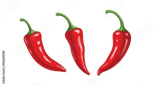 Three bright red chili peppers with green stems arranged in a row on a white background for food and spice related designs.