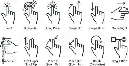 Touch Gesture Line Icon Set Featuring Tap, Swipe, Pinch, Drag, Rotate, and Multi Touch Controls for Mobile Interface, UX Design, and App Navigation