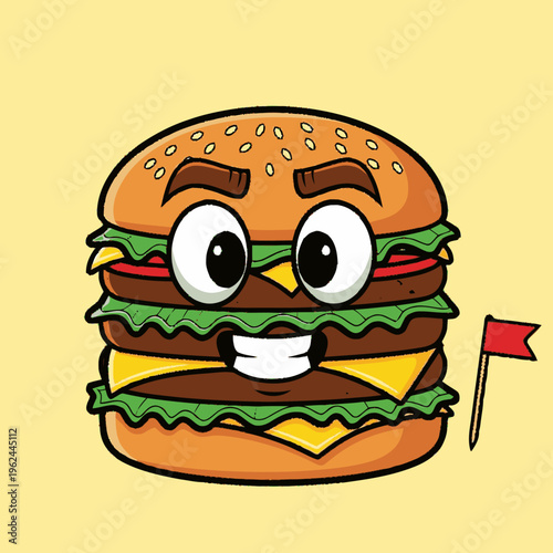Cartoon Double Decker Hamburger Character.