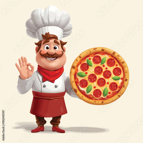 Cartoon chef holding pepperoni pizza with basil leaves making OK hand gesture in traditional hat, jacket, apron, and neckerchief