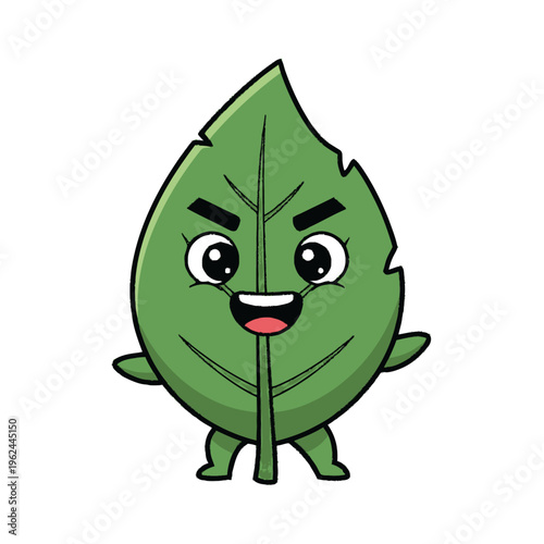 Cartoon leaf character with face.