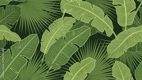 Lush tropical seamless pattern with various green palm and banana leaves on a dark background for summer fabric design.