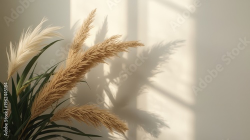 A serene plant with long green leaves and beige plumes stands in front of a white wall with natural light casting shadows.