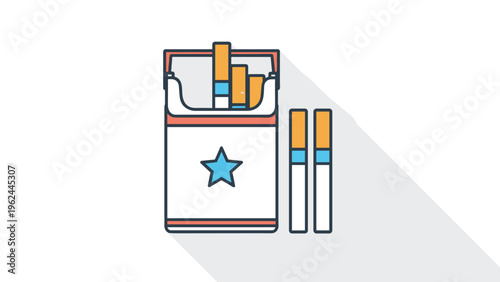 Clean flat icon of a cigarette pack with a blue star logo and two individual cigarettes on a white background with shadow.