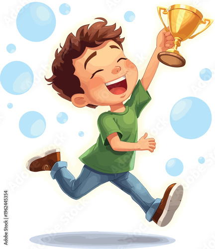 Joyful vector graphic illustration depicting a happy young boy enthusiastically celebrating his victory by energetically running and holding up a gleaming golden trophy.