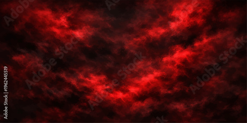 Red abstract background with dark red texture featuring sunset clouds, orange fire light, and a purple smoke pattern over a dark nature sky