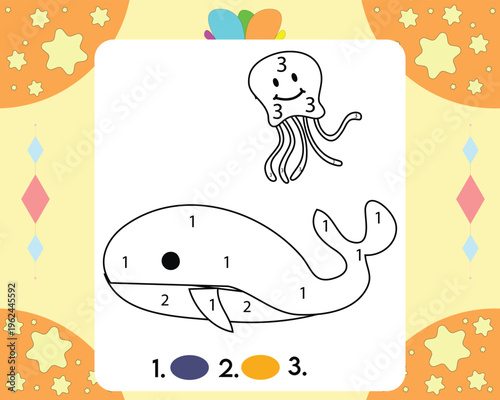 A happy whale is shown with a smiling jellyfish in this captivating color by number drawing, offering a delightful way for kids to develop their concentration and artistic abilities.