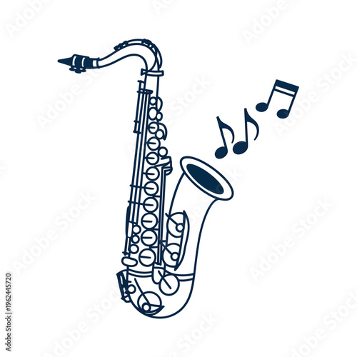 A stylized blue outline of a saxophone accompanied by floating musical notes representing jazz music