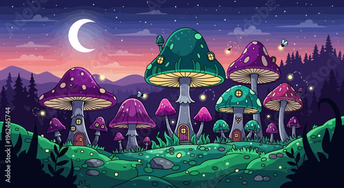 whimsical colorful mushroom forest illustration at dusk with crescent moon