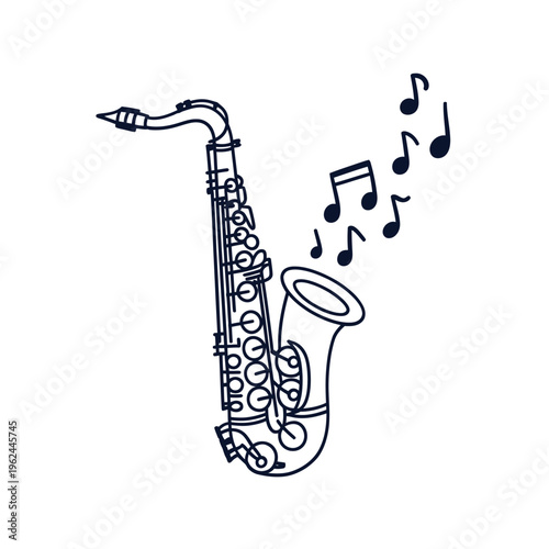 A stylized blue line drawing depicts a saxophone playing musical notes representing jazz and artistic expression