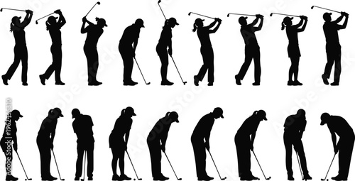 Golf player silhouette collection with various swing poses and putting positions for sports tournament competition country club leisure activity and professional golfer vector
