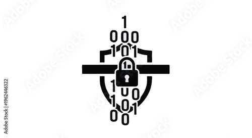 Digital security shield with padlock and binary code