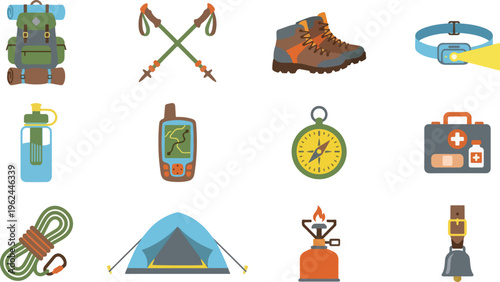 Collection of vector icons depicts various essential items for hiking and outdoor adventure activities.