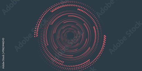 Circular Halftone Pattern Concentric Circles Frame Vector Red Black Colour Abstract Background. Mod Minimalist Art Half Tone Graphics Rippled Structure. Retro Futurism Technology Art Illustration