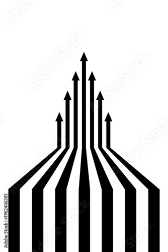 Black on white abstract perspective line stripes arrow with 3d dimensional effect isolated on white.	