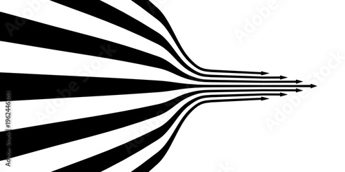 Black on white abstract perspective line stripes arrow with 3d dimensional effect isolated on white.	