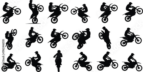 Motocross dirt bike silhouette collection with various stunt jumps and racing poses for extreme sports competition offroad adventure and motorcycle club vector