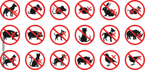 No animals allowed icon set with dog cat rabbit pig bird and rat silhouettes for prohibition signs pet free zone area and safety vector