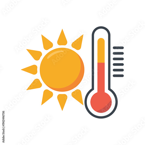 A brightly colored illustration depicting a sun and a thermometer