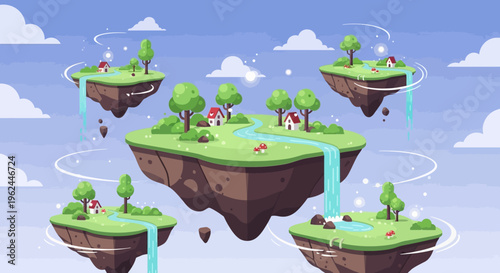 Floating fantasy islands with lush green landscapes and waterfalls