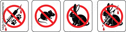 Stop animal testing icon set with rabbit rat and syringe silhouettes for cruelty free products medical research ethics laboratory protection and welfare awareness vector
