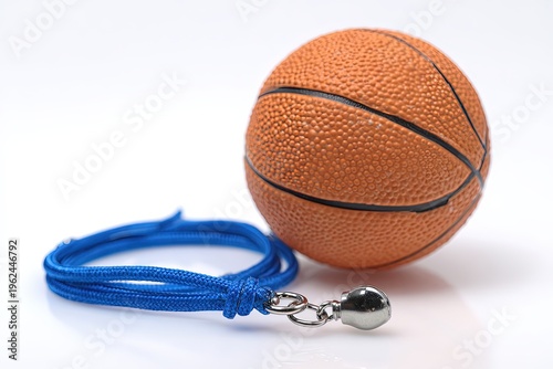 A miniature basketball next to a necklace with a bell in close-up, the items are presented on a light background. 